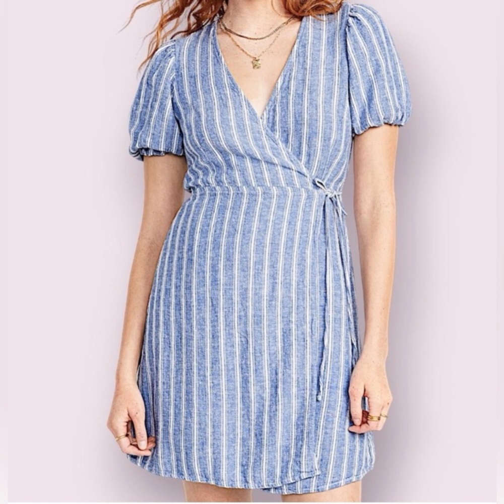 NWT Old Navy blue & white Striped Puff-Sleeve Mini Wrap Dress Small Linen Blend